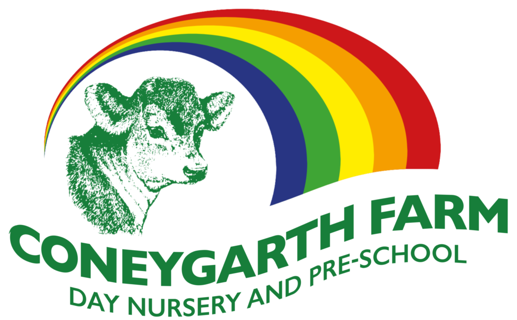 Coneygarth Farm Day Nursery and Pre School logo showing a green tree and farmland illustration within a circular emblem, representing outdoor learning and a nurturing farm environment.