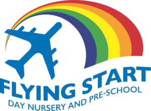 Flying Start Day Nursery and Pre School logo featuring a blue aeroplane flying beneath a rainbow.